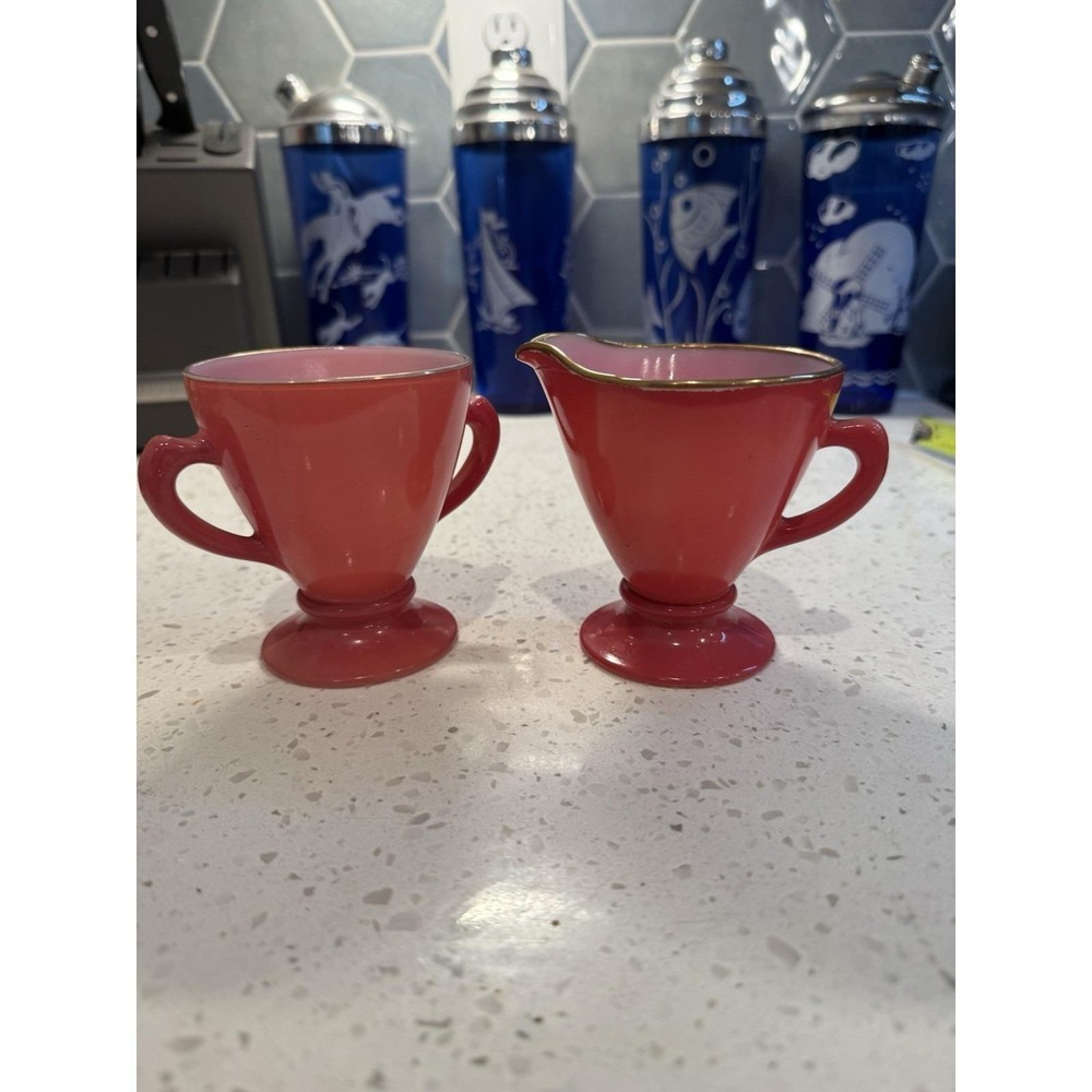 Hazel Atlas Ovide Raspberry Plum Pink Creamer And Sugar Mid Century Glass